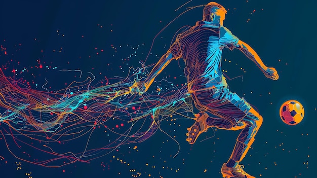 사진 colorful illustration of a soccer player in motion the player is depicted as a blue outline with bright orange and yellow highlights
