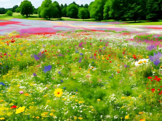 Фото Красочная иллюстрация цветочных лугов с солнечными лучами летом сгенерирована ai