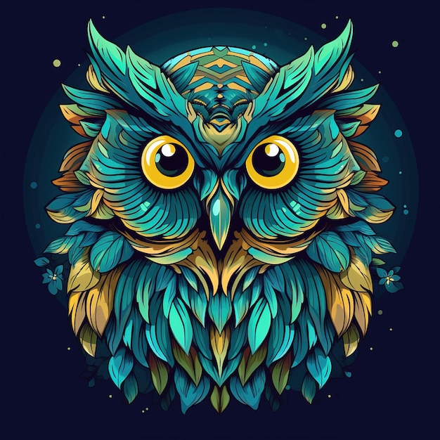 a colorful illustration of a owl with yellow eyes and a blue background with a gold and green pattern.