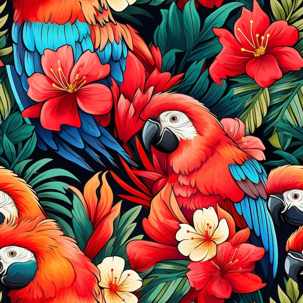 a colorful illustration of parrots with red flowers and leaves