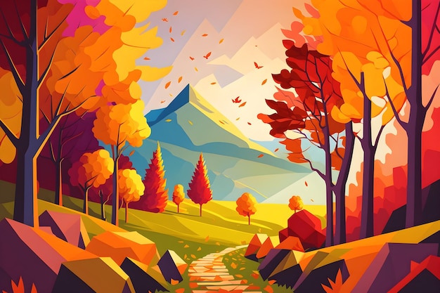 Photo a colorful illustration of a path in a forest with mountains in the background