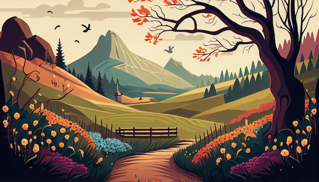 A colorful illustration of a path leading to a mountain with a mountain in the background.