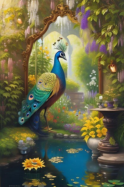 A colorful illustration of peacocks in the flower garden 3d digital art