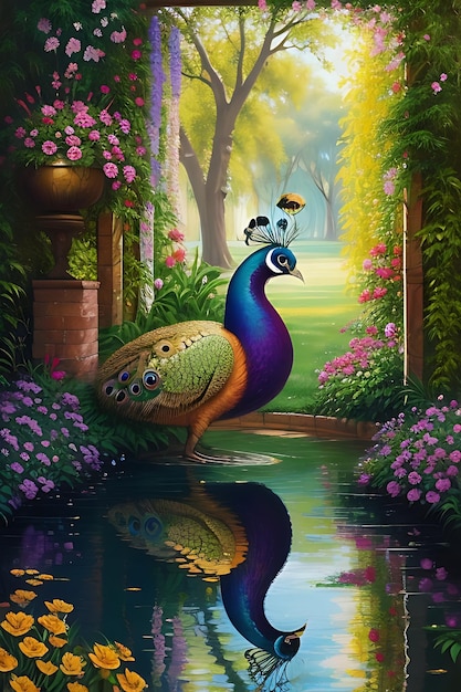 A colorful illustration of peacocks in the flower garden 3d digital art