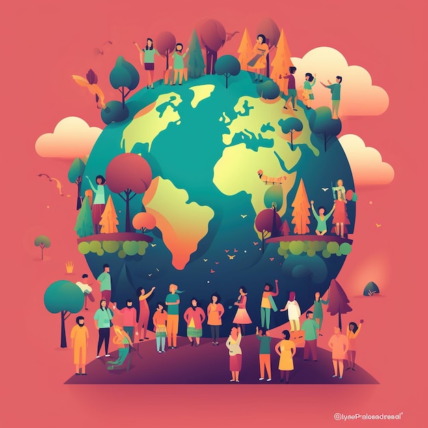 A colorful illustration of people around the globe