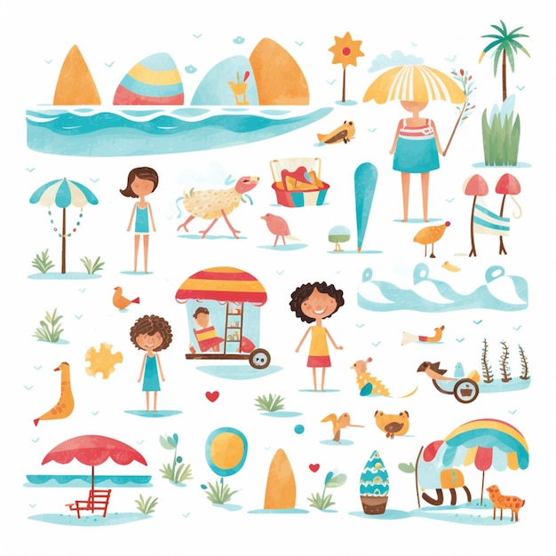 A colorful illustration of people at the beach