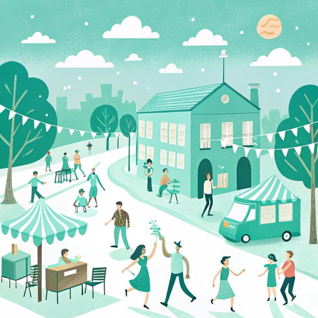 Photo a colorful illustration of people in a city with a banner that says quot the town of the city quot