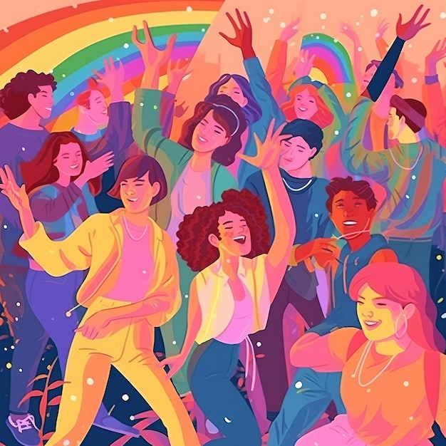 A colorful illustration of people dancing and one of them has a rainbow on the top.