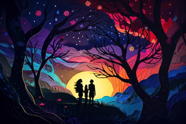 A colorful illustration of people looking at a sunset.