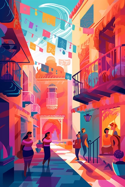 A colorful illustration of people walking in a street with flags on the walls.