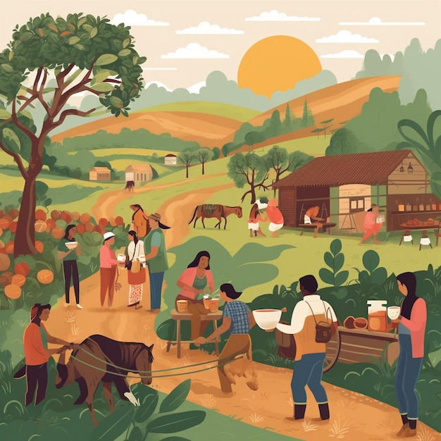 Photo a colorful illustration of people working in a farm.