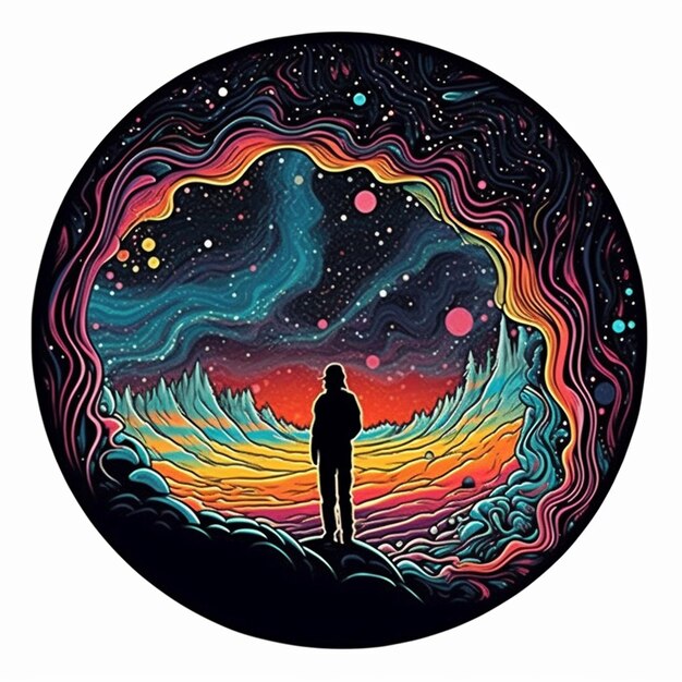 A colorful illustration of a person looking at the sky.