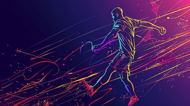 Colorful illustration of a person playing soccer The person is kicking the ball with his left foot and is surrounded by colorful lines