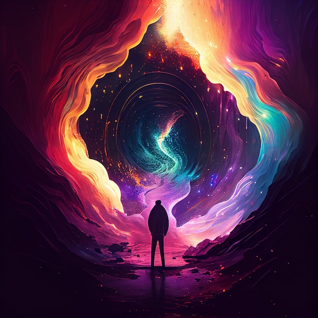 A colorful illustration of a person standing in front of a colorful tunnel that says'the universe '