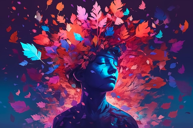 A colorful illustration of a person with a head covered in leaves.