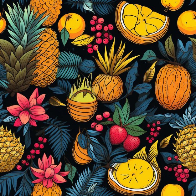 Photo a colorful illustration of pineapples and fruits.