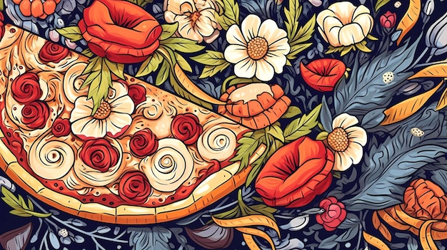 A colorful illustration of a pizza with flowers and a pizza on it.