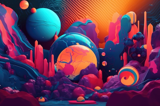 A colorful illustration of a planet with a blue and orange background.