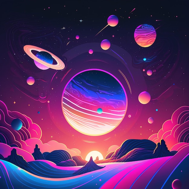 A colorful illustration of a planet with a planet and a planet in the background.