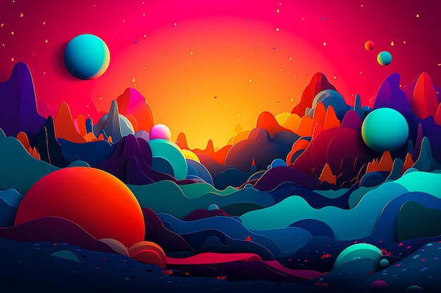 A colorful illustration of a planet with a red background.