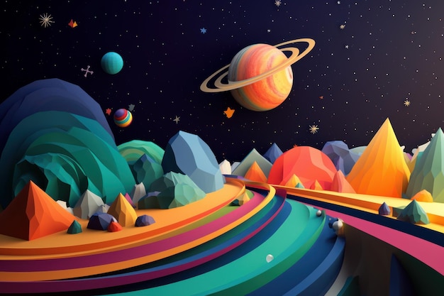 A colorful illustration of a planet with rings and planets