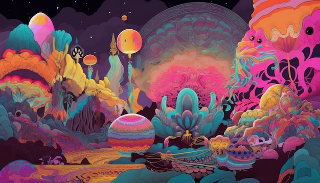 A colorful illustration of a planet with a tree in the background.