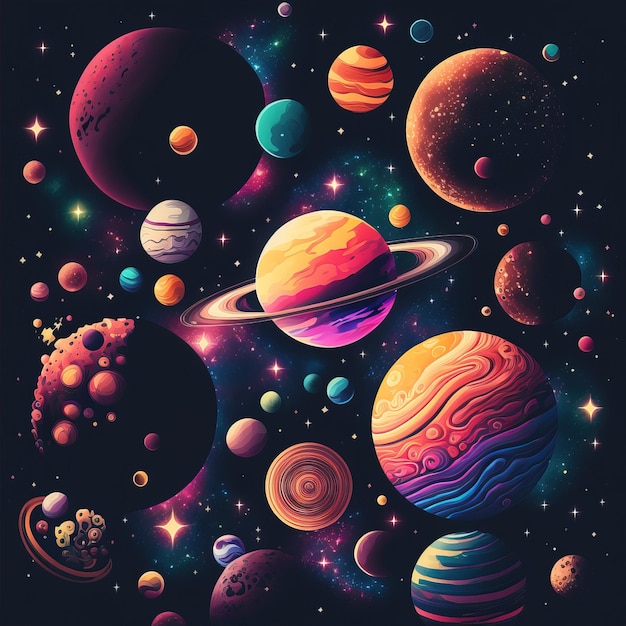 A colorful illustration of planets and stars