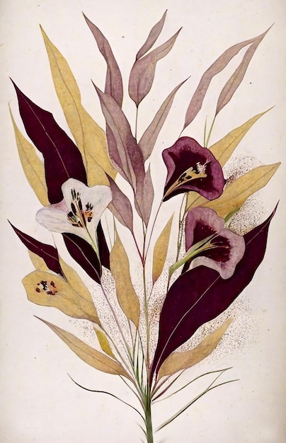 A colorful illustration of a plant with purple flowers and leaves.