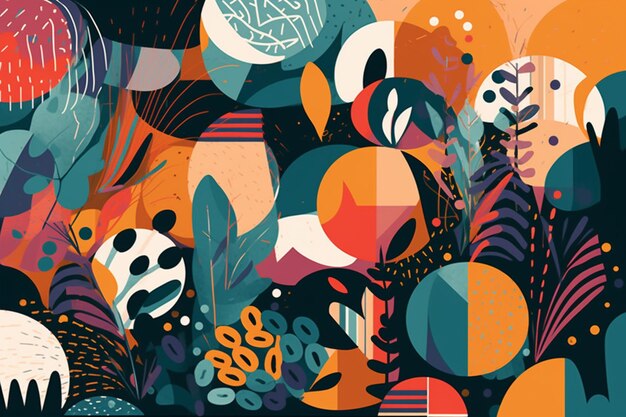 A colorful illustration of plants and trees with a circle on the bottom.