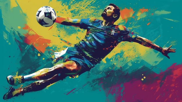 A colorful illustration of a player in blue and green jumping to kick a ball.