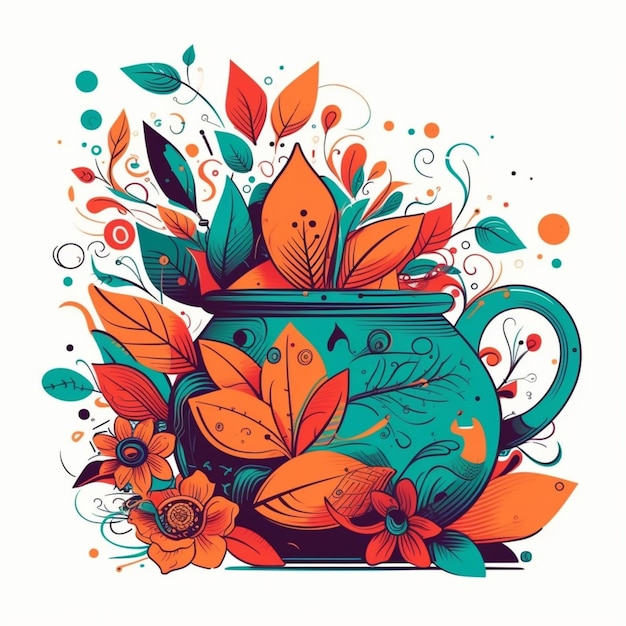 A colorful illustration of a pot with flowers and leaves.