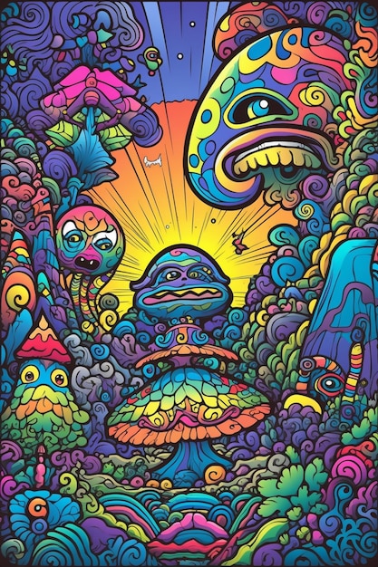 A colorful illustration of a psychedelic alien with a sun and clouds in the background.