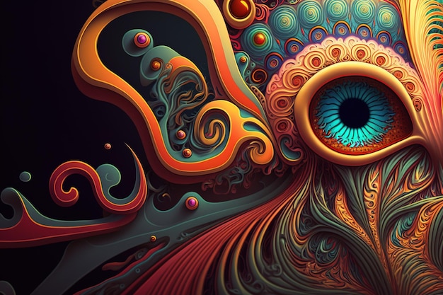 A colorful illustration of a psychedelic eye with a spiral design on the bottom.