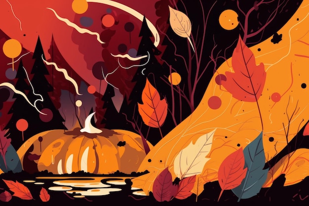 A colorful illustration of a pumpkin and leaves