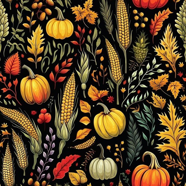 Photo a colorful illustration of pumpkins and corn.