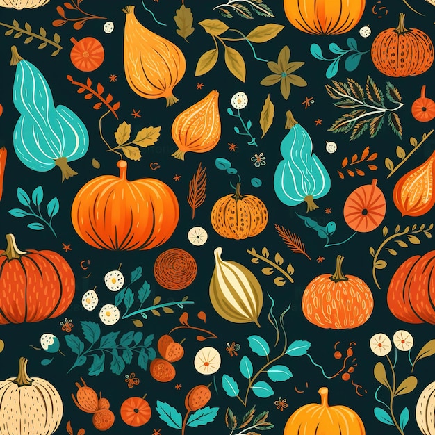 a colorful illustration of pumpkins and leaves.