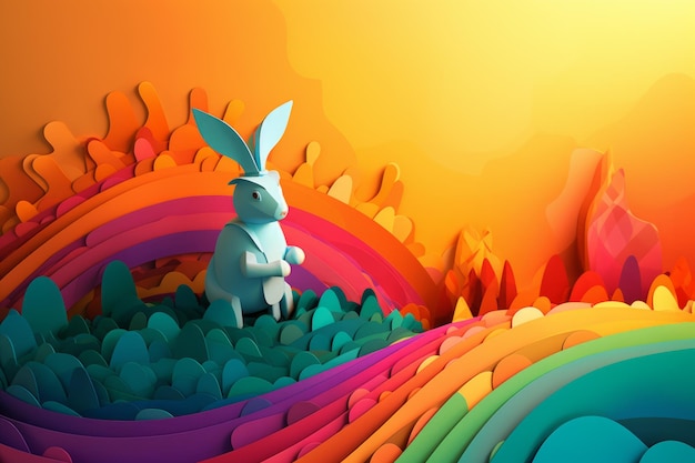 A colorful illustration of a rabbit with a rainbow in the background.