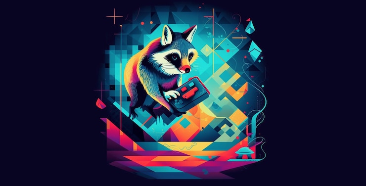 Photo a colorful illustration of a raccoon holding a laptop.