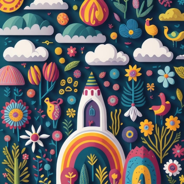 A colorful illustration of a rainbow and a house with flowers and birds.