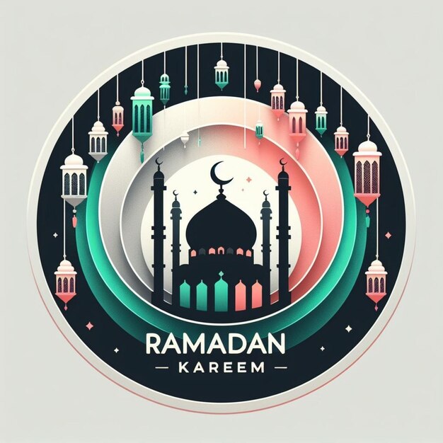 Foto illustrazione colorata di ramadan kareem sullo sfondo con moschea e ornamenti islamici