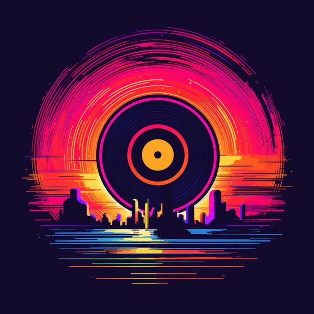 A colorful illustration of a record with a city skyline in the background generative ai