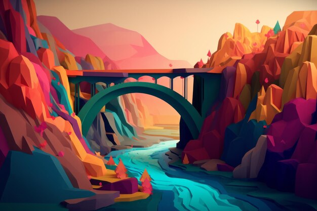 A colorful illustration of a river and mountains.