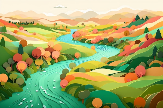 木々や山を背景に谷間の川を描いたカラフルなイラスト。