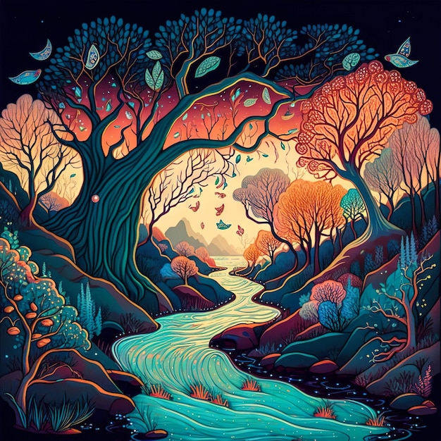 A colorful illustration of a river with trees and birds.