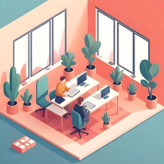 a colorful illustration of a room with a person working on a laptop