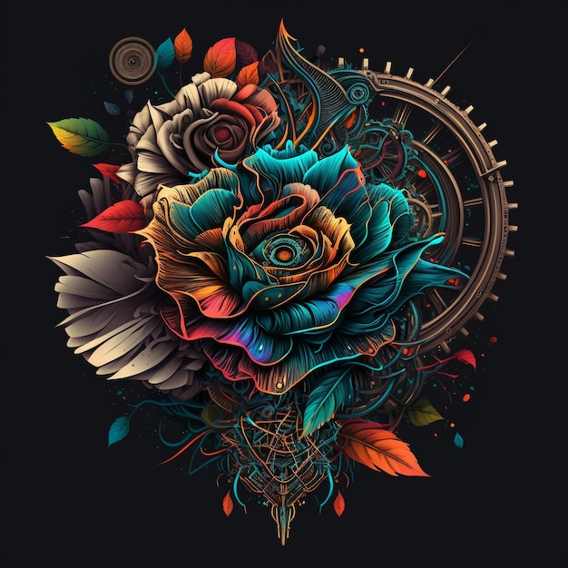 A colorful illustration of roses and a circle with the word " on it "