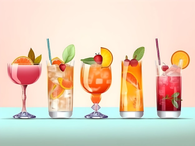 Colorful illustration of a row of cocktails Set of various cocktails in different drinking glasses