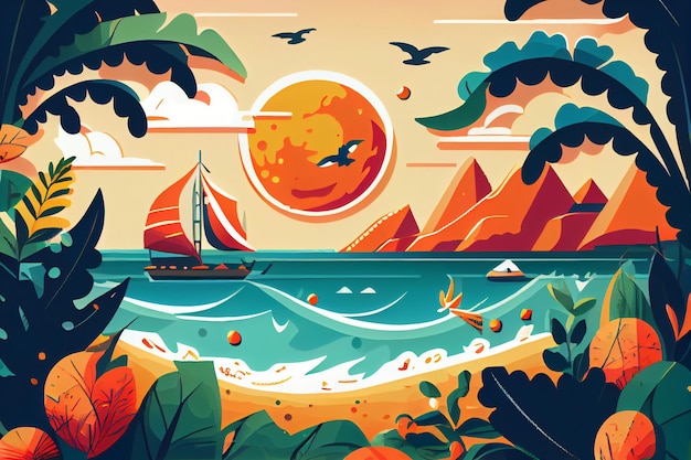 A colorful illustration of a sailboat in the ocean with a sun and birds in the background.