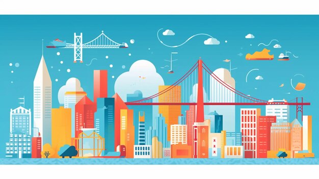 A colorful illustration of san francisco with a bridge in the background.