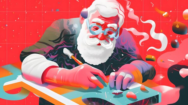 A colorful illustration of santa claus painting with a red background.